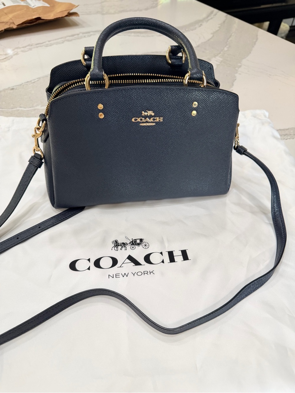Coach Navy Saffiano Leather Mini Satchel with Gold Hardware